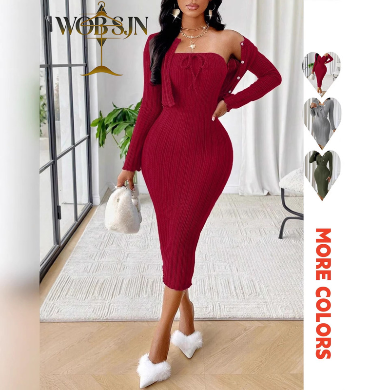 Women's casual simple plush texture solid color bow-tie tube bodycon dress paired with a short jacket two-piece fashion set Women's casual simple plush texture solid color bow-tie tube bodycon dress paired with a short jacket two-piece fashion set
