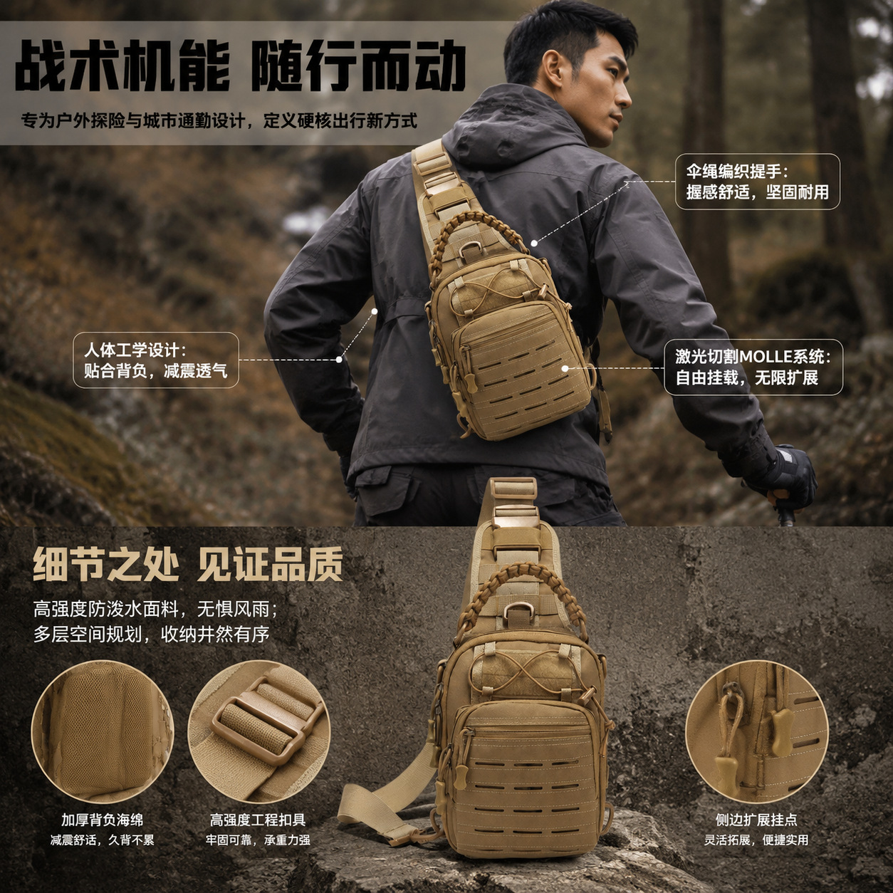 Bolso de pecho para entusiastas militares, camuflaje, material de tela Oxford resistente a desgarros, bolso táctico cruzado para ciclismo, bolso de viaje informal cruzado.