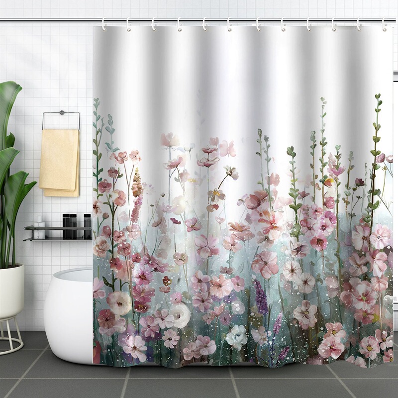 New Cross-Border Polyester Bathroom Partition Waterproof Shower Curtain Fabric Digital Printed Bathroom Isolation Curtain No Drilling Required