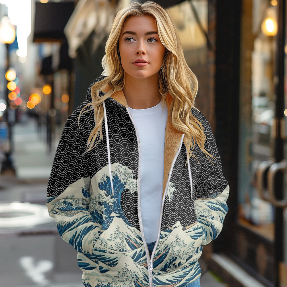 跨境独立站亚马逊数码印花休闲女款拉链连帽开衫棉服棕色里布D186