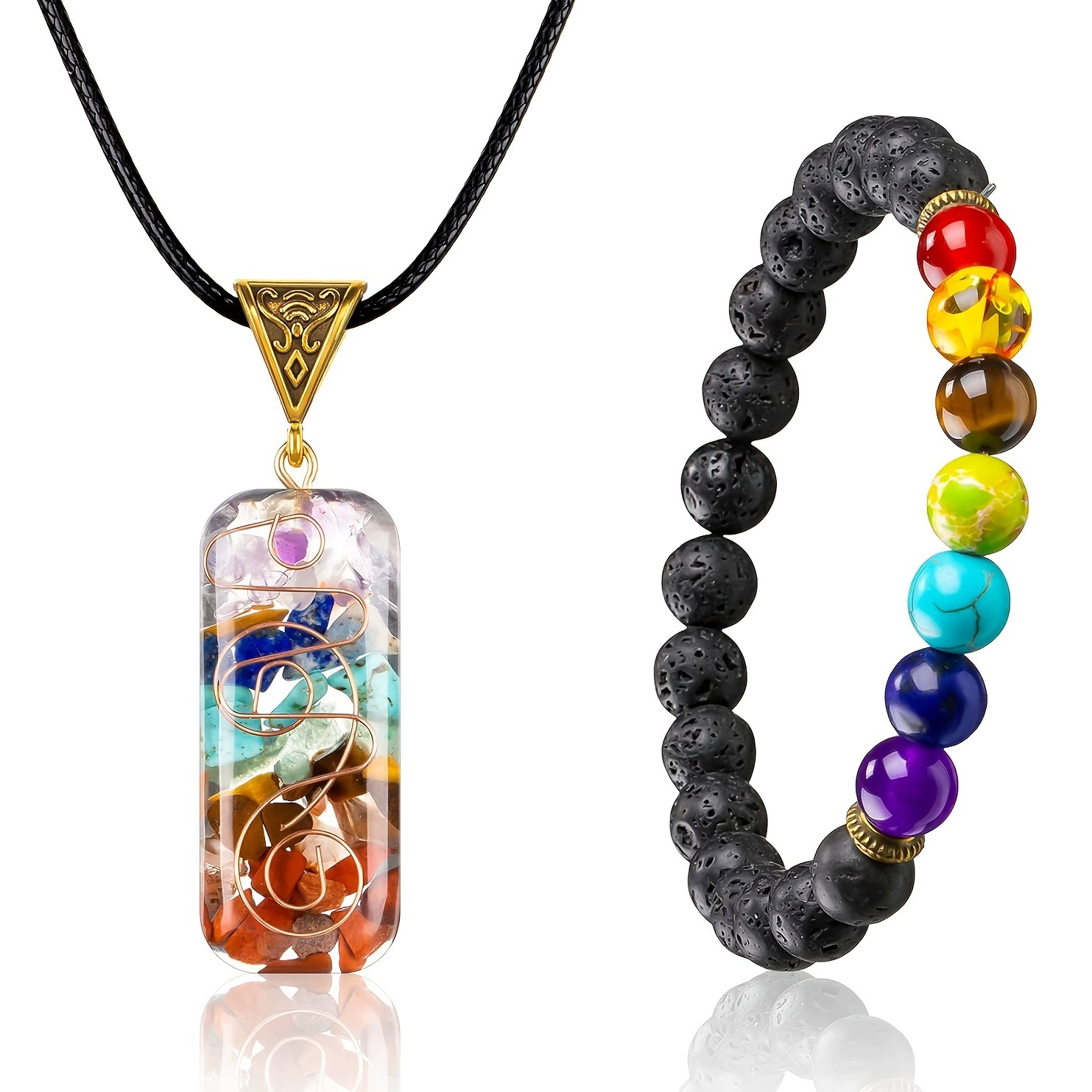 Набор из 2 предметов: колье и браслет из натурального камня с подвеской для йоги, украшенные кристаллами и полимерной смолой, 7 чакр