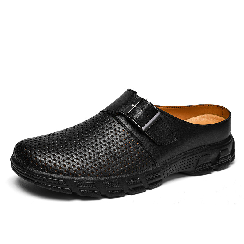 Men's Closed-Toe Slippers, Genuine Leather Breathable Clogs, Thick-Soled Non-Slip Casual Leather Shoes, Slip-On Mules