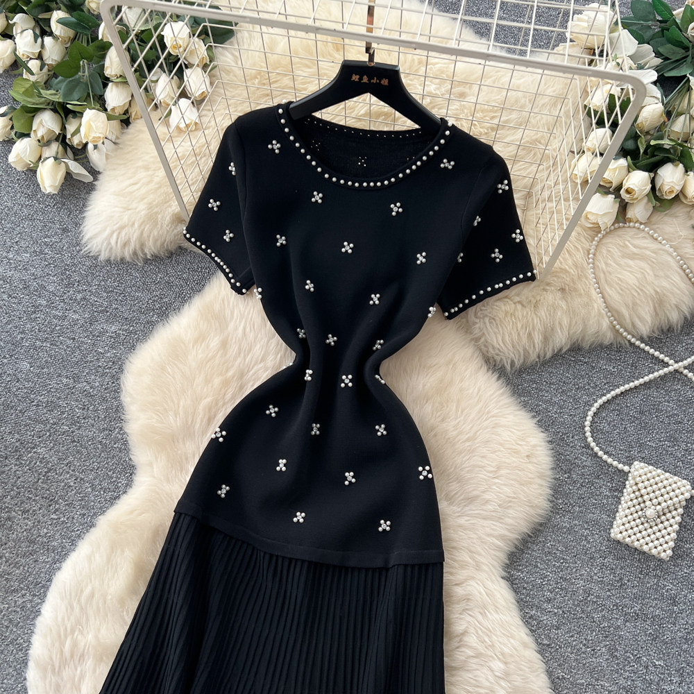 Women's French Style Beaded Short Sleeved Dress Summer Gentle Feminine High Waisted A-Line Skirt Slimming Flattering for Commuting_ecoleips.com