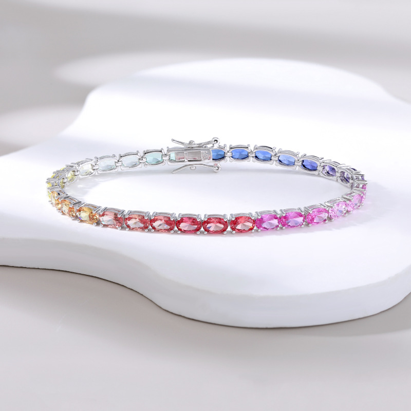 Majon Oval 4X6 Lab-Grown Rainbow Gemstone Versatile Colorful Tennis Women's Hip-Hop Bracelet