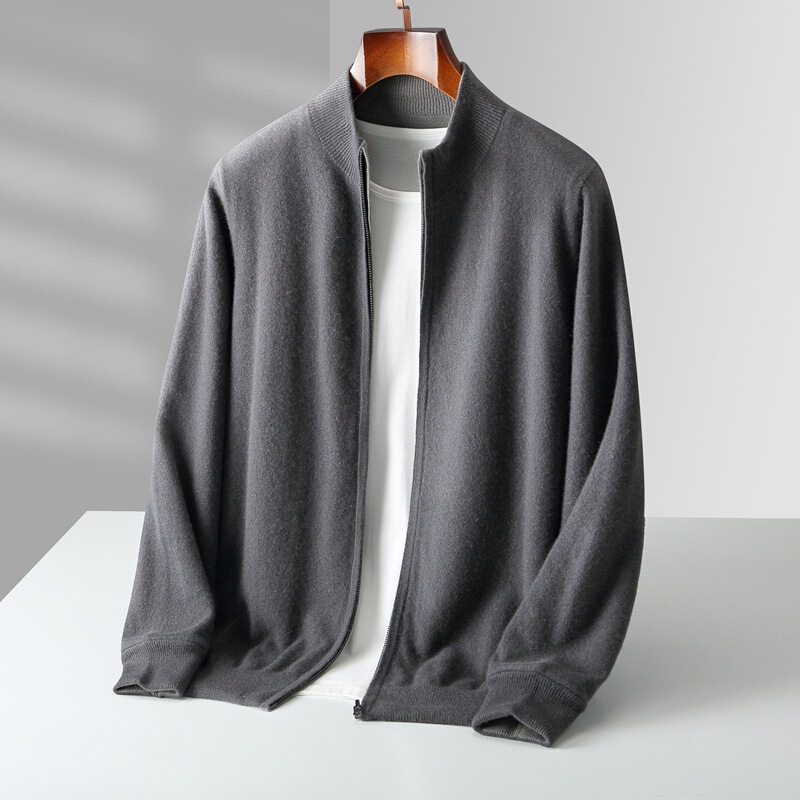 2025 Spring and Autumn New Wool Cardigan Men's Stand Collar Zipper Knitted Sweater Tops Warm Loose Cashmere Top