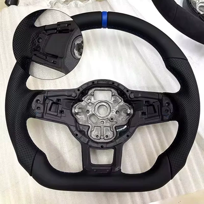 sports steering wheel, Steering wheel - semi-perforated-blue-leather-with-a-pick-hole-and-black-stitching