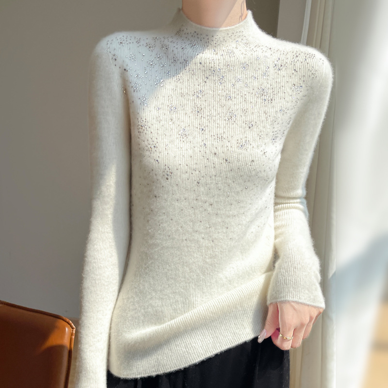 Cross-Border 2025 Autumn and Winter High-End Ready-To-Wear Half-Turtleneck Knit Sweater for Women with Rhinestones, Pullover Striped Base Shirt Top Cross-Border 2025 Autumn and Winter High-End Ready-To-Wear Half-Turtleneck Knit Sweater for Women with Rhinestones, Pullover Striped Base Shirt Top