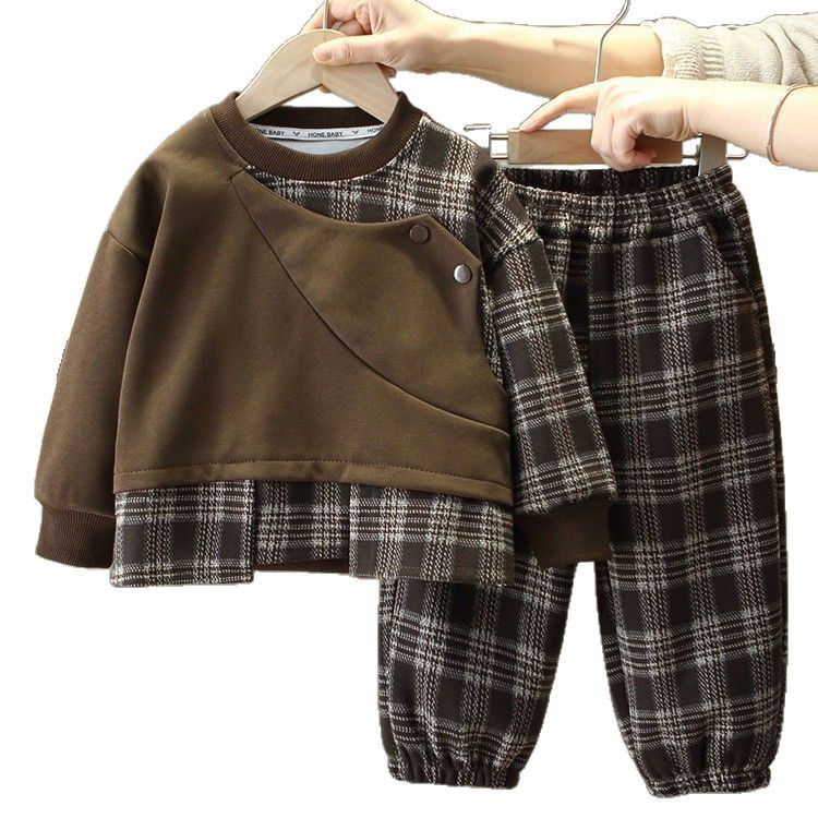 7728 Traje de primavera y otoño para niños 2025 nuevo estilo de moda y fresco suéter para niños pantalones a cuadros ropa de primavera para bebés de dos piezas