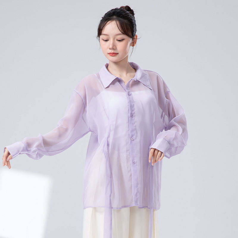 女性用モダンダンス練習服、女性用新作レースアップ日焼け止めシャツ、軽くて薄いカーディガン、エレガントで妖精のようなダンストップ|undefined