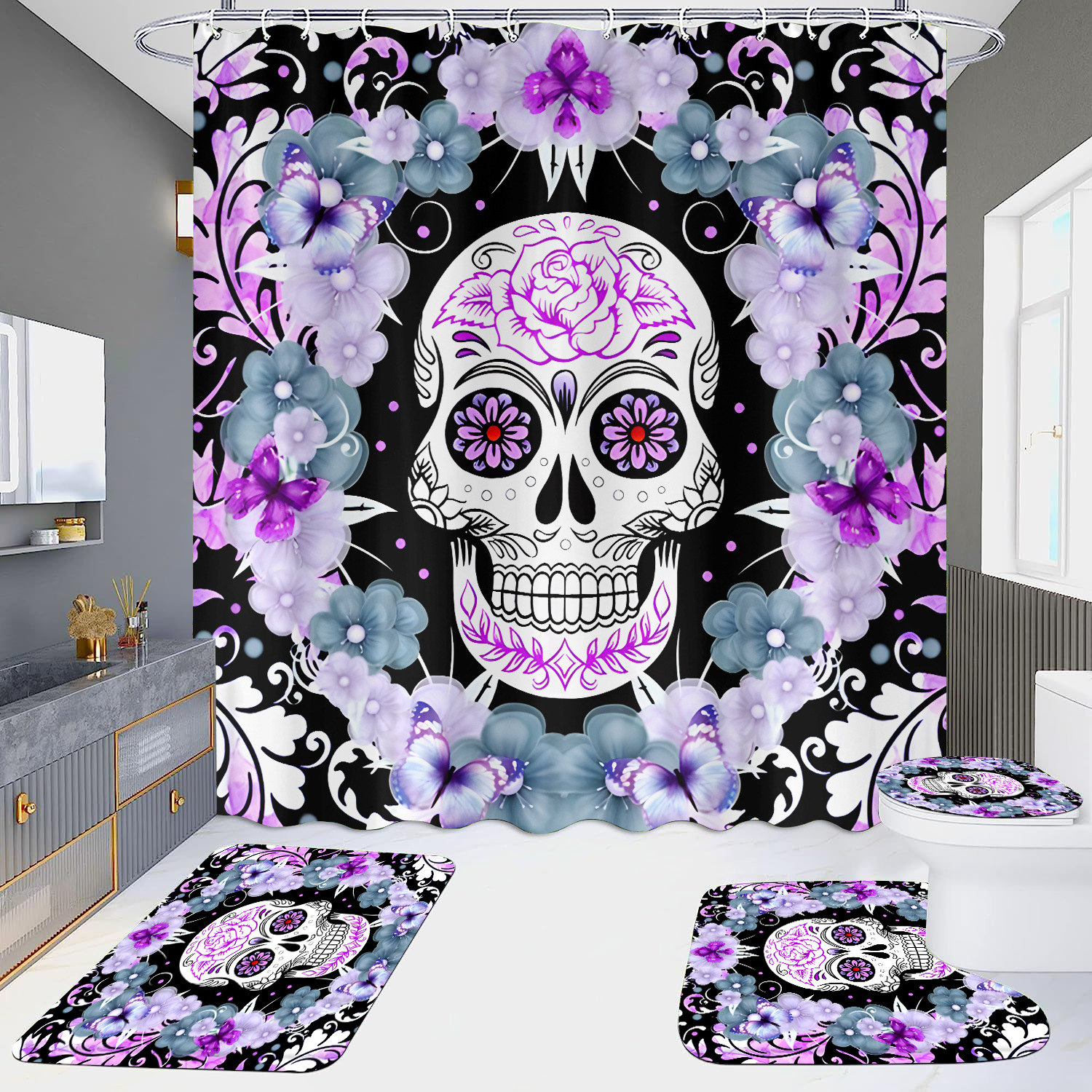 Cortina de ducha de suministro directo transfronterizo conjunto de cuatro piezas hd impermeable sin perforaciones baño hotel baño partición cortina wansheng cráneo