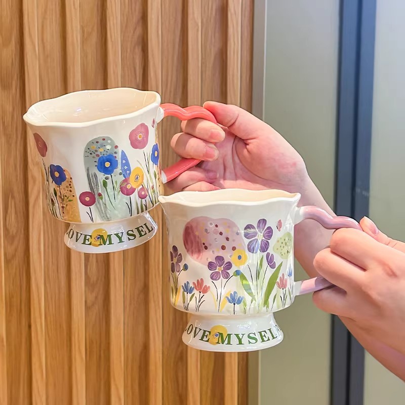 高颜值花卉陶瓷马克杯小众设计感陶瓷喝水杯送女生生日礼物伴手礼