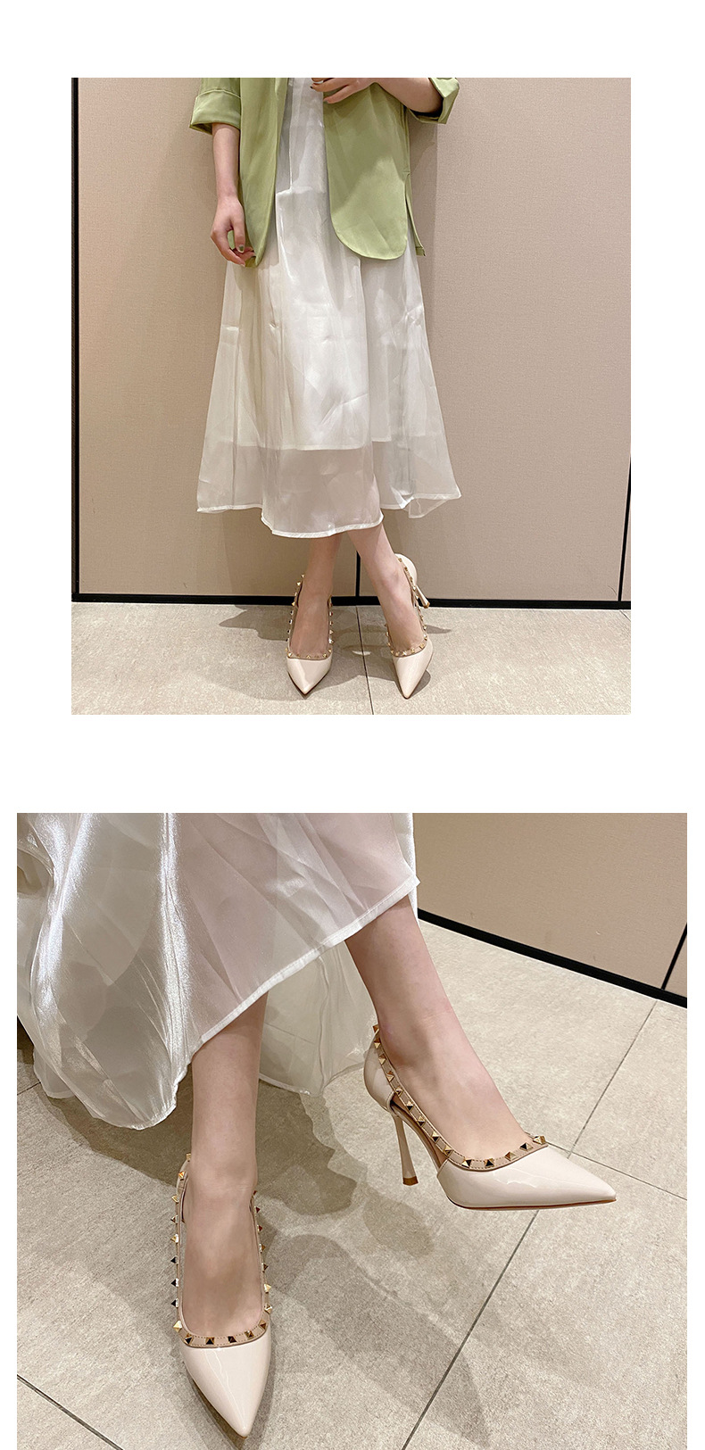 Sandal cao gót mũi nhọn gợi cảm kiểu Pháp, gót 9 cm — Màu trắng gạo 9CM chi tiết 5