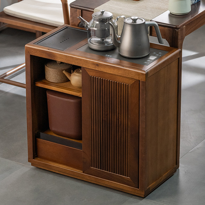 Black Walnut Mobile Tea Cabinet Tea Table Side Cabinet with Integrated Kettle and Water Bucket Tea Bar Cabinet