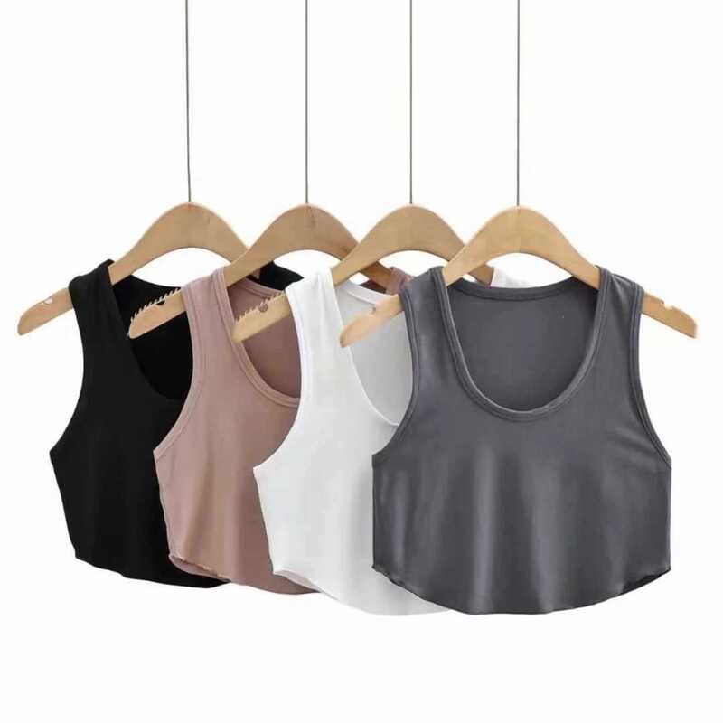 Summer European and American style round-neck, fitted, high-waisted, cropped, curved-hem sports tank top for women, cotton