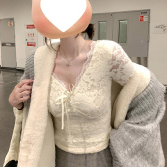 厂家直销2025秋季新款纯欲白色蕾丝v领长袖t恤女秋冬季修身内搭