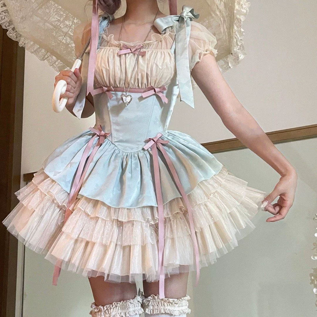 Платье Лолиты с маленькой лентой, аутентичное платье в балетном стиле, платье на подтяжках для свидания, платье принцессы, летнее платье