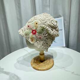 手工编织彩色花朵镂空包头帽女春夏薄款针织套头帽显脸小堆堆帽子
