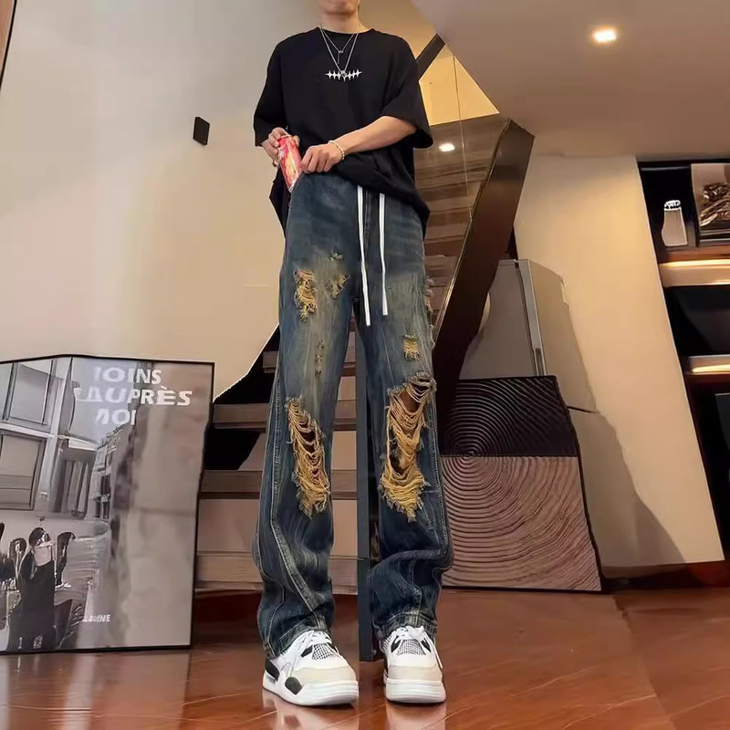 Big Ripped Jeans Men's Summer American Style High Street Thin High-end Sense Design Loose Wide Leg Dad Cropped Pants Big Ripped Jeans Men's Summer American Style High Street Thin High-end Sense Design Loose Wide Leg Dad Cropped Pants