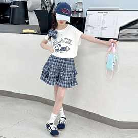 中大童短袖T恤夏装套装2026夏季新款潮儿童休闲女孩格子短裙两件