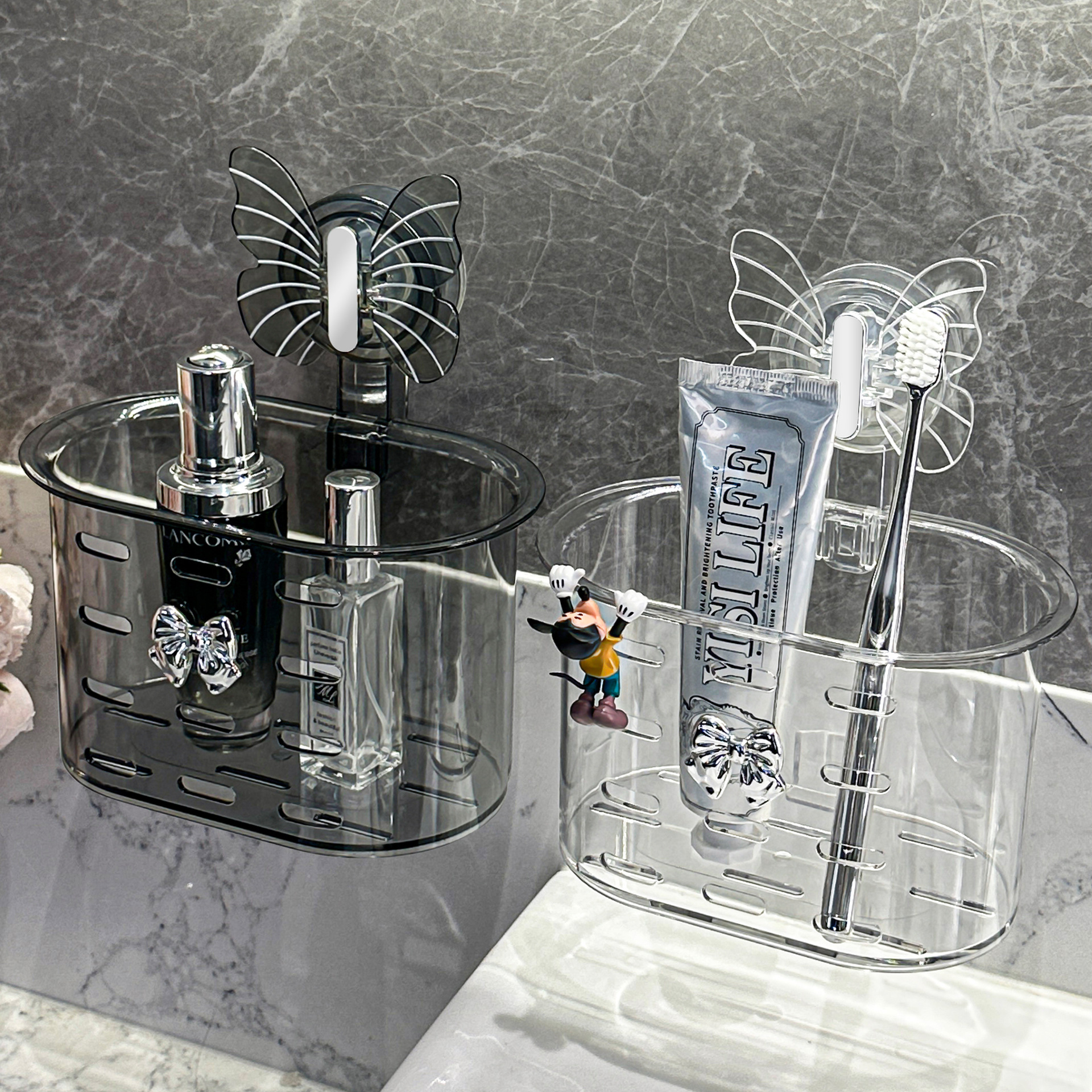 Mariposa ventosa cepillo de dientes estante tipo pared sin agujeros cesto de baño pasta de dientes navaja de afeitar marco de almacenamiento peine