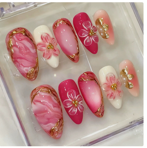 30Pcs Gold-Plated Flower Cross-Border Wearable Nail Tips 3D Three-Dimensional Red Gradient Detachable Fake Nail Tips Almond-Shaped Nail Tips