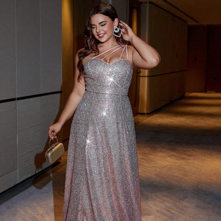 Amazon Summer New European and American Fashion Elegant plus size dress Pink Sequins Sleeveless Banquet Party Dress