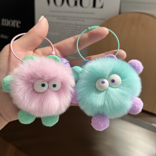 Cute Rex Rabbit Fur Small Briquettes Car Keychain Pendant Korean Internet Celebrity Plush School Bag Pendant Gift