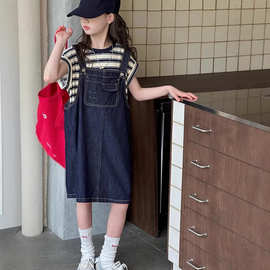 夏季女童条纹t恤牛仔背带裙套装童装儿童新女孩背带裙两件套洋气