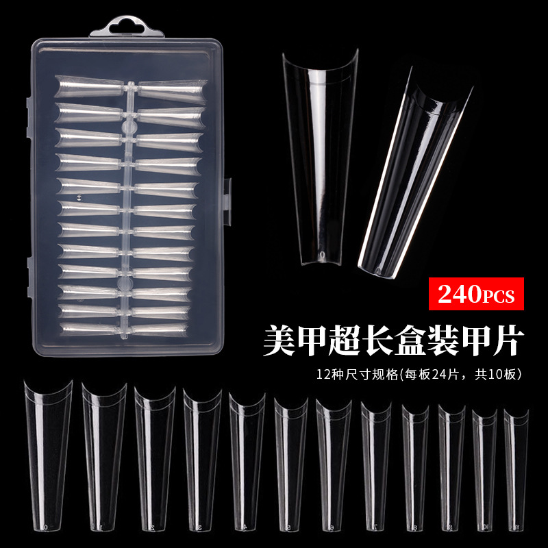 Cross-border exclusivo Venta caliente super largo tubo de agua de uñas pieza falsa parche de uñas 240 piezas transparente completo etiqueta XXL Denim uñas
