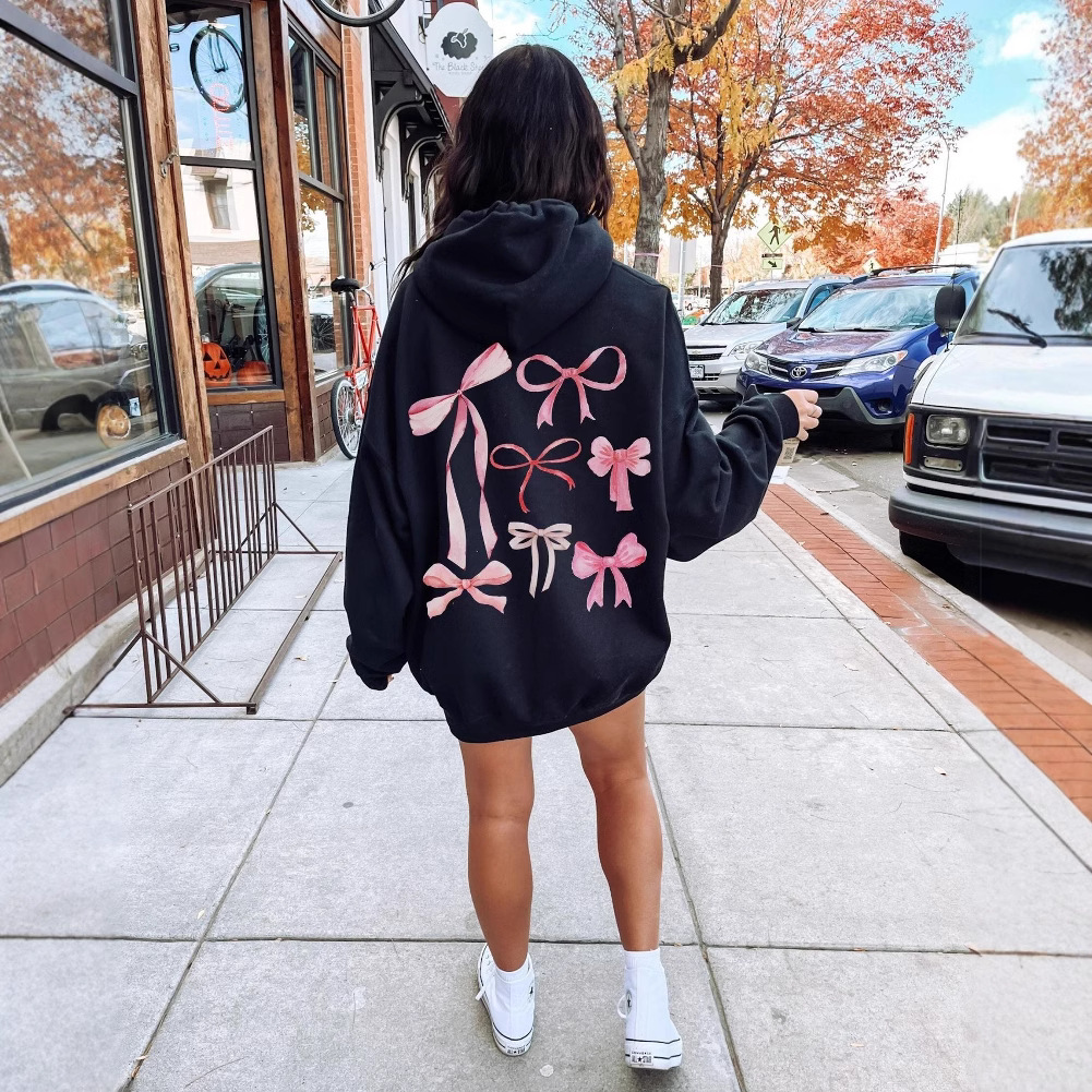 New European Size Women's Shoulder Sleeve Threaded Hoodie Sweater Hoodie Bow Printed Loose Sweater
