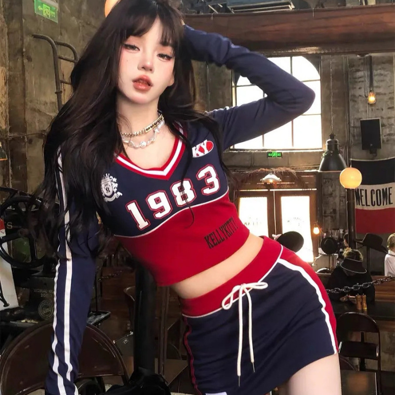 Dopamine American Cheerleading Sweet Cool Sports Dress Women's Early Autumn Spice Girls Slimming Top Hip T-shirt Skirt