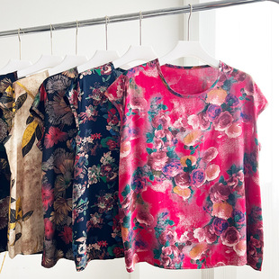 Middle-Aged and Elderly Cotton Silk Short-Sleeved Tops Summer Mother's Wear Thin Round Neck Shirt Artificial Cotton Plus Size Women's T-Shirt