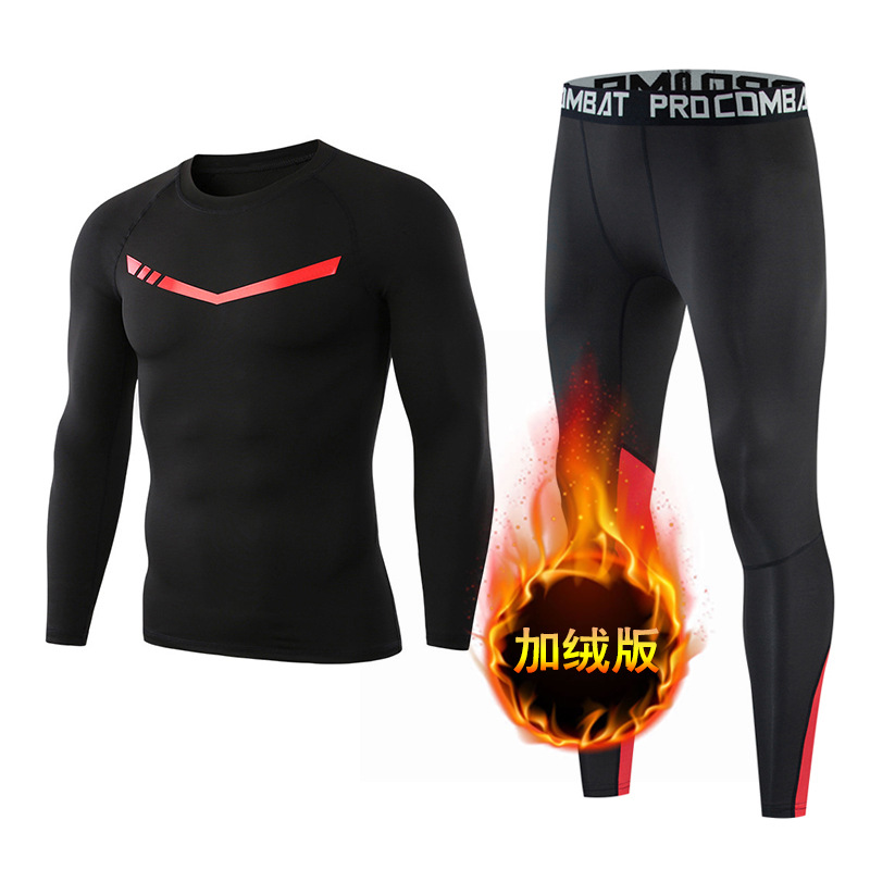 加厚打底健身衣男高彈快干健身房衣服秋冬圓領t恤 運動緊身衣套裝