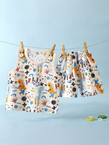 Children's summer jacquard cotton vest and shorts set new style sleeveless cartoon breathable children's clothing trend