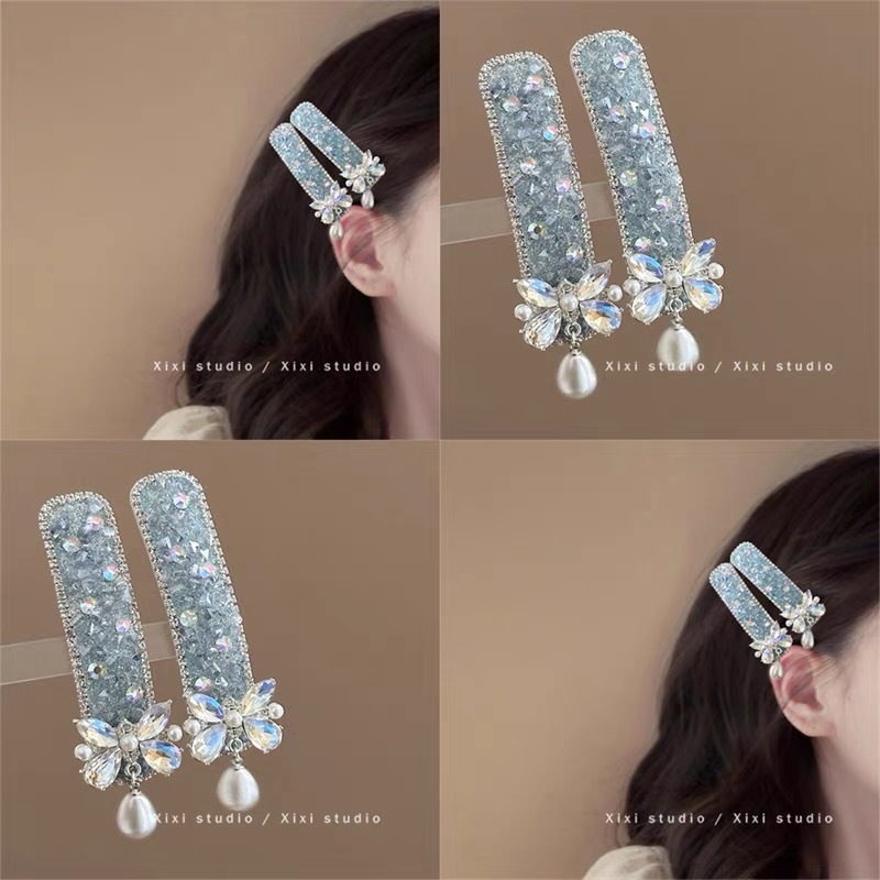 风情蓝调！轻奢蝴蝶珍珠吊坠发夹！高颜值水钻边夹盘发器精致发卡