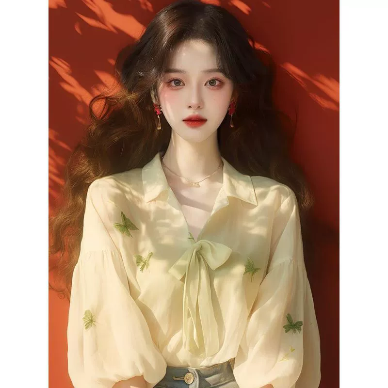 Зеленая солнцезащитная шифоновая рубашка с принтом, ранняя осень, новый женский милый стиль принцессы, уникальный супер красивый топ