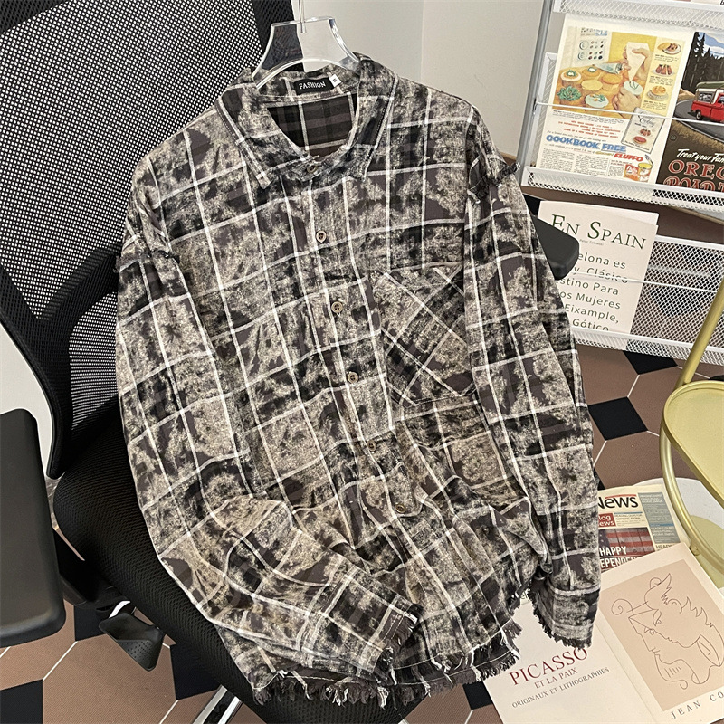 2024 New plaid distressed ruffled shirt jacket embroidered hem damaged high street spring and autumn loose top_voghion.com