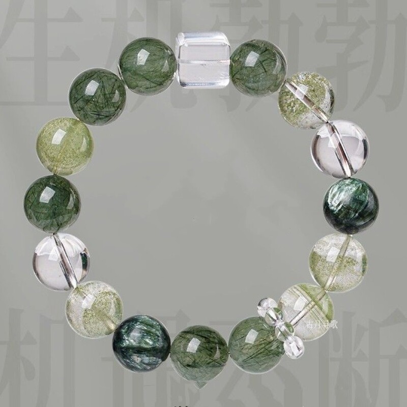 Natural Stone Green Rutilated Quartz Bracelet for Women, Green Phantom Green Dragon Crystal Beaded Sugar Cube Blue Needle Crystal New Chinese Style Jewelry Gift