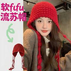秋冬保暖毛线帽手工编织镂空包头帽女民族风流苏护耳套头针织帽子