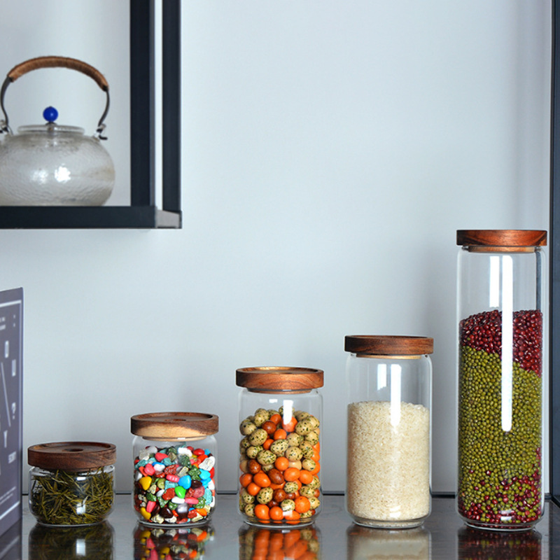 Acacia Wood Storage Jar High Borosilicate Glass Sealed Jar Kitchen Storage for Grains and Dried Tangerine Peel Storage Jar Lead-Free