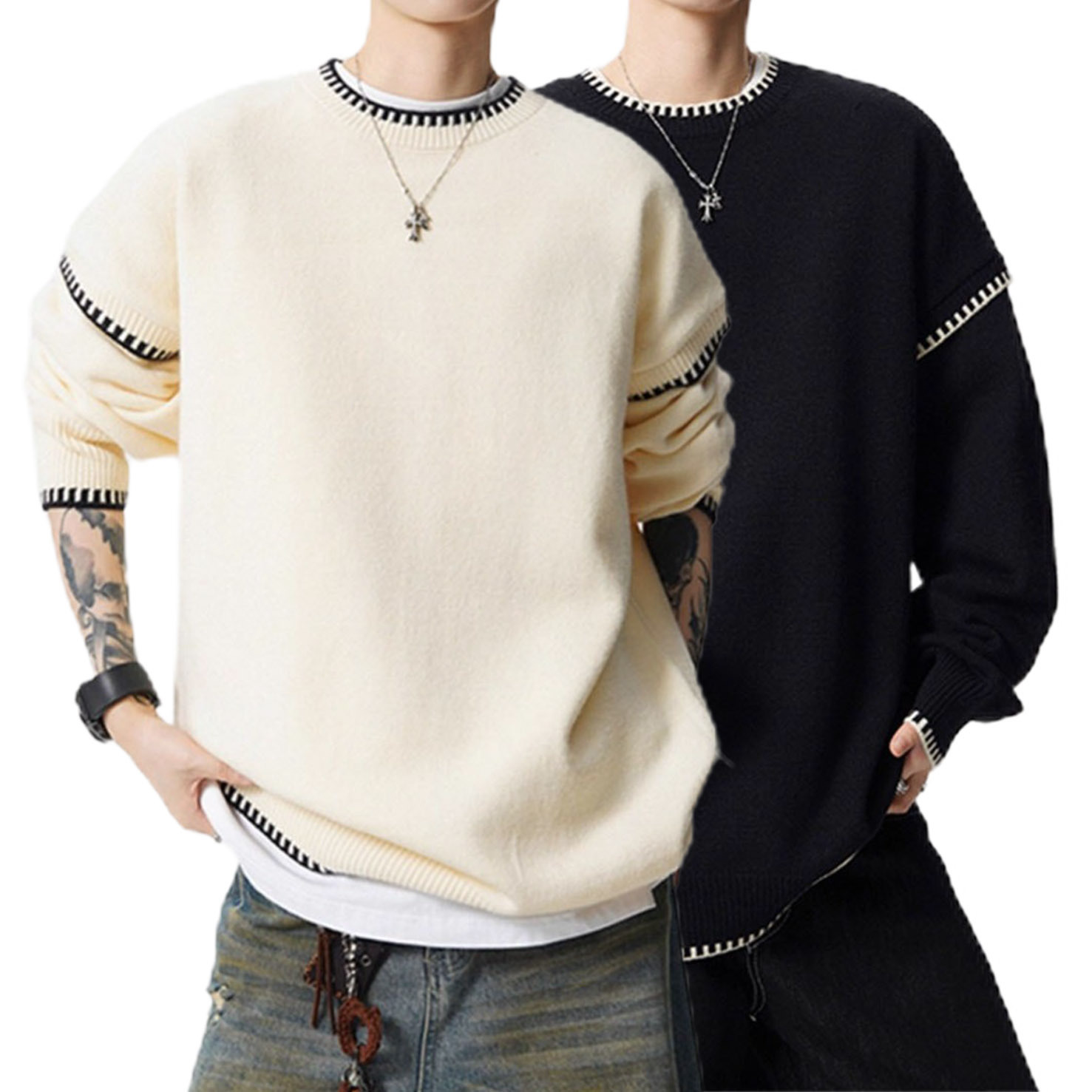 Explosiones transfronterizas de tamaño europeo de tamaño grande falso dos piezas negras bordes de color contrastantes camisetas de cuello redondo suéter hombre otoño invierno fábrica al por mayor
