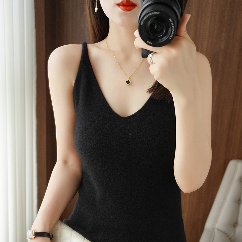 카미솔 여성용 V 넥 풀오버 슬리브리스 내베이스 셔츠 슬림 핏 쇼트 탑 서양식 아우터웨어 니트 스웨터