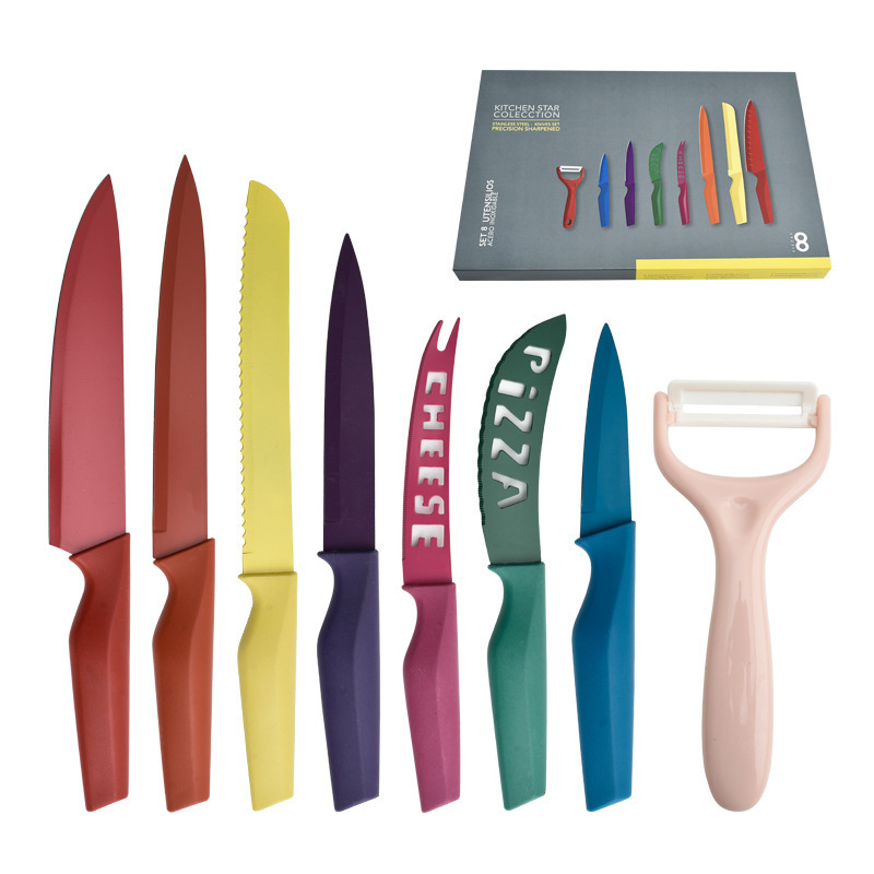 Venta al por mayor de color rombo mango de ocho piezas cuchillo de cocina cuchillo de pintura de acero inoxidable traje de color en caja cuchillo de regalo
