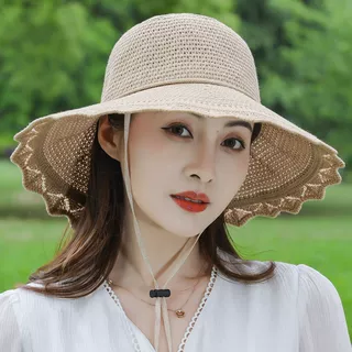 夏季新款草帽韩版防晒遮阳帽蝴蝶结波浪户外太阳帽沙滩凉帽女帽子