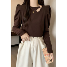 韩版气质内搭T恤女秋冬百搭镂空纯欲泡泡袖小衫时尚长袖上衣