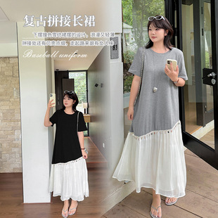 Eno Plus Size Women's Lazy Style Spliced ​​Chiffon Dress 2025 Summer Loose Flesh-Covering T-Shirt Long Skirt 252600