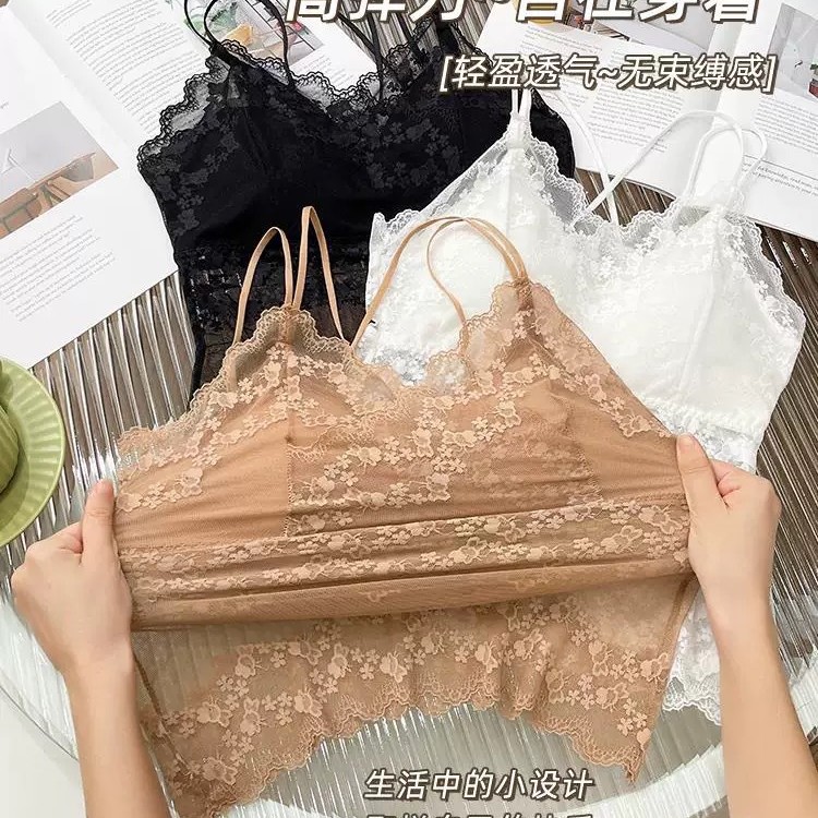 Camisola de espalda de belleza de encaje francés para mujer con almohadilla para el pecho con doble correa interior y exterior sexy camisola larga para mujer