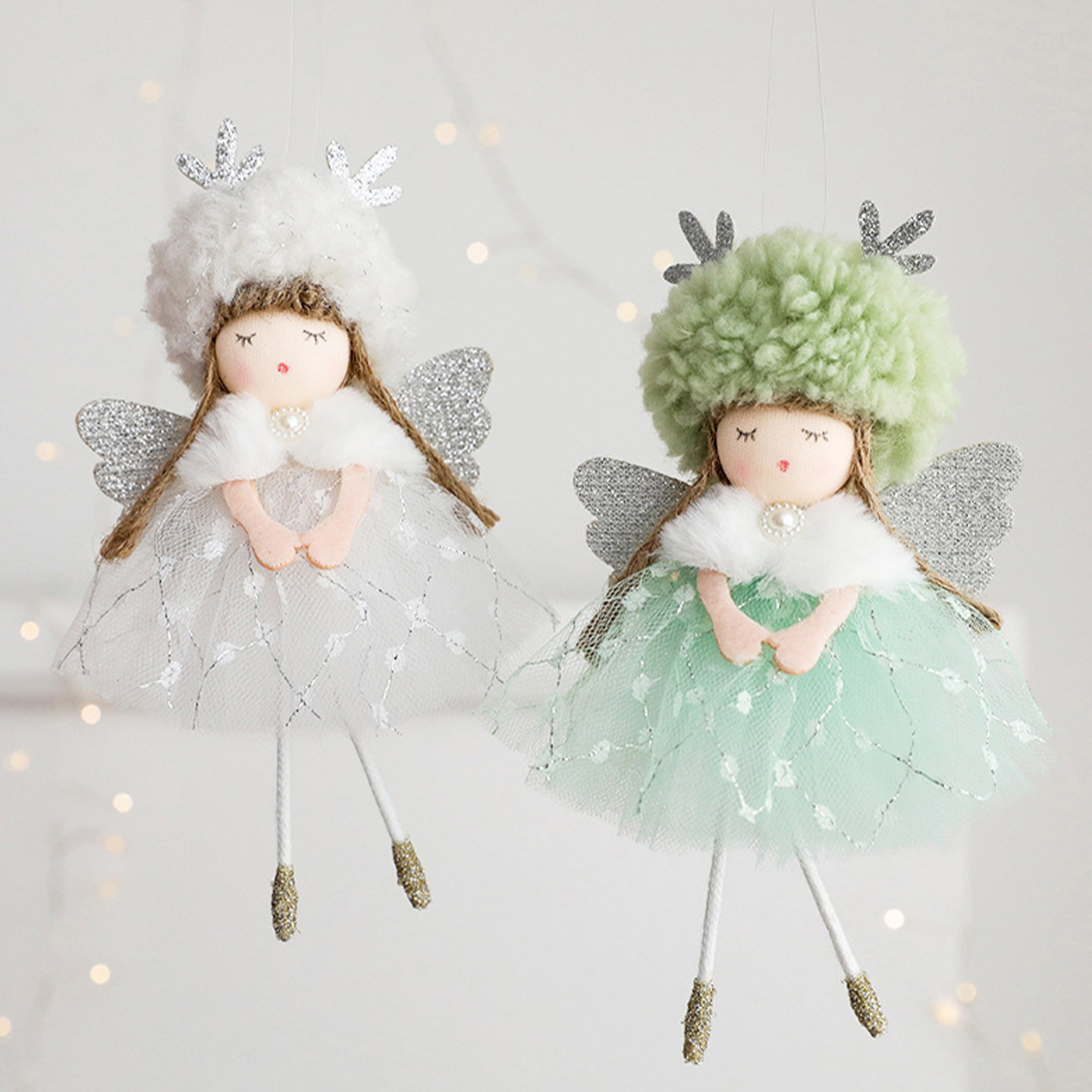 Enchanting Angel Girl Christmas Ornament – Fluffy Tulle Skirt & Antler Wings For Festive Tree Decor (Green/White/Pink)_voghion.com