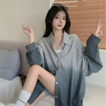 oversize渐变撞色条纹防晒衬衫女秋中长款宽松休闲慵懒风开衫衬衣