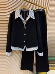 套装女2025春秋新款条纹衬衫领假两件单排扣上衣阔腿裤显瘦两件套